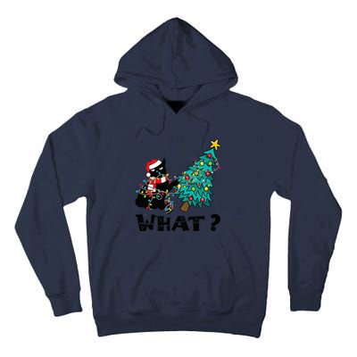 WHAT Funny Black Cat Santa Pushing Christmas Tree Cat Lover Tall Hoodie