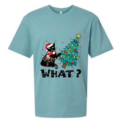 WHAT Funny Black Cat Santa Pushing Christmas Tree Cat Lover Sueded Cloud Jersey T-Shirt
