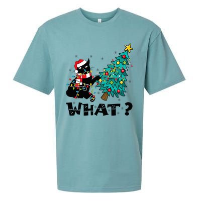 WHAT Funny Black Cat Santa Pushing Christmas Tree Cat Lover Sueded Cloud Jersey T-Shirt