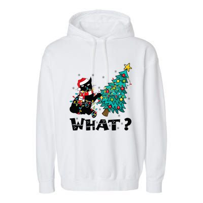 WHAT Funny Black Cat Santa Pushing Christmas Tree Cat Lover Garment-Dyed Fleece Hoodie