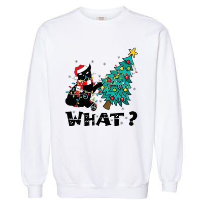 WHAT Funny Black Cat Santa Pushing Christmas Tree Cat Lover Garment-Dyed Sweatshirt