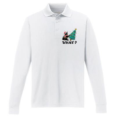 WHAT Funny Black Cat Santa Pushing Christmas Tree Cat Lover Performance Long Sleeve Polo