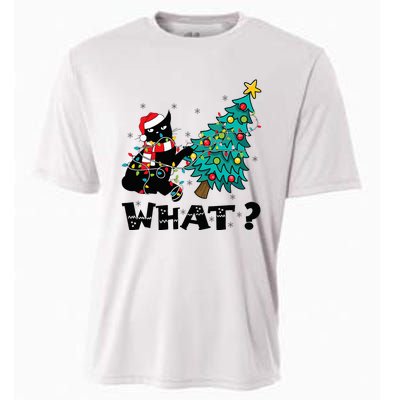 WHAT Funny Black Cat Santa Pushing Christmas Tree Cat Lover Cooling Performance Crew T-Shirt