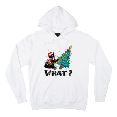 WHAT Funny Black Cat Santa Pushing Christmas Tree Cat Lover Hoodie