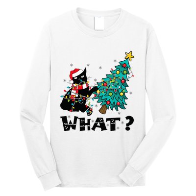 WHAT Funny Black Cat Santa Pushing Christmas Tree Cat Lover Long Sleeve Shirt