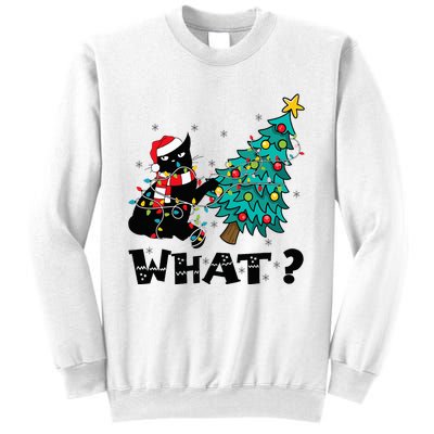 WHAT Funny Black Cat Santa Pushing Christmas Tree Cat Lover Sweatshirt