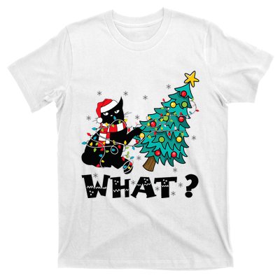 WHAT Funny Black Cat Santa Pushing Christmas Tree Cat Lover T-Shirt