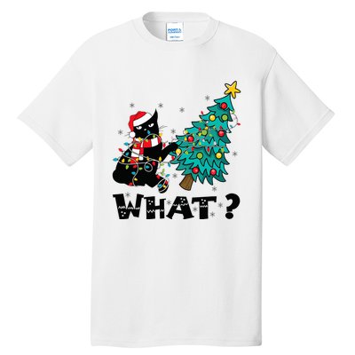 WHAT Funny Black Cat Santa Pushing Christmas Tree Cat Lover Tall T-Shirt