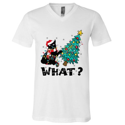 WHAT Funny Black Cat Santa Pushing Christmas Tree Cat Lover V-Neck T-Shirt