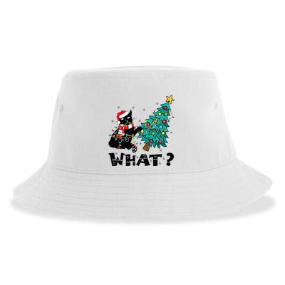 WHAT Funny Black Cat Santa Pushing Christmas Tree Cat Lover Sustainable Bucket Hat