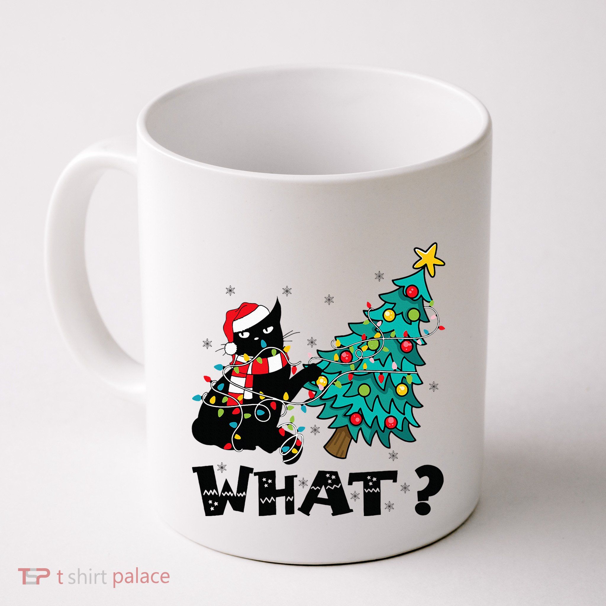 WHAT Funny Black Cat Santa Pushing Christmas Tree Cat Lover Mug