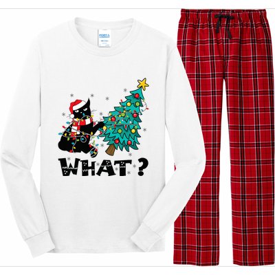 WHAT Funny Black Cat Santa Pushing Christmas Tree Cat Lover Long Sleeve Pajama Set