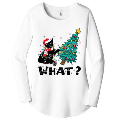 WHAT Funny Black Cat Santa Pushing Christmas Tree Cat Lover Women's Perfect Tri Tunic Long Sleeve Shirt