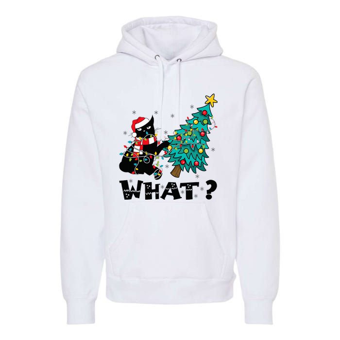 WHAT Funny Black Cat Santa Pushing Christmas Tree Cat Lover Premium Hoodie