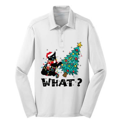 WHAT Funny Black Cat Santa Pushing Christmas Tree Cat Lover Silk Touch Performance Long Sleeve Polo