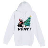 WHAT Funny Black Cat Santa Pushing Christmas Tree Cat Lover Premium Pullover Hoodie