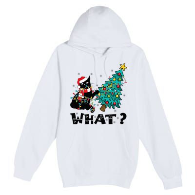 WHAT Funny Black Cat Santa Pushing Christmas Tree Cat Lover Premium Pullover Hoodie