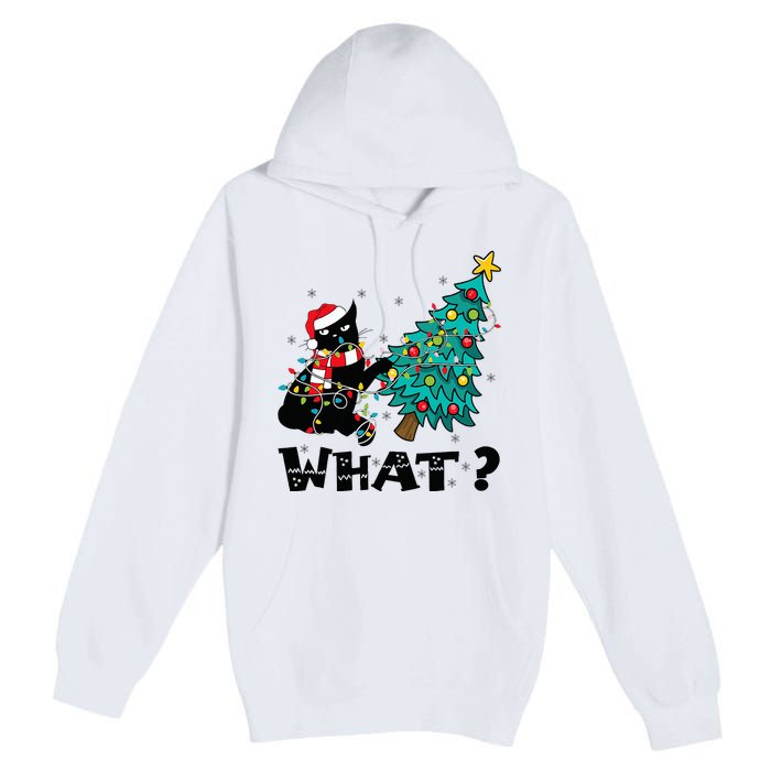 WHAT Funny Black Cat Santa Pushing Christmas Tree Cat Lover Premium Pullover Hoodie