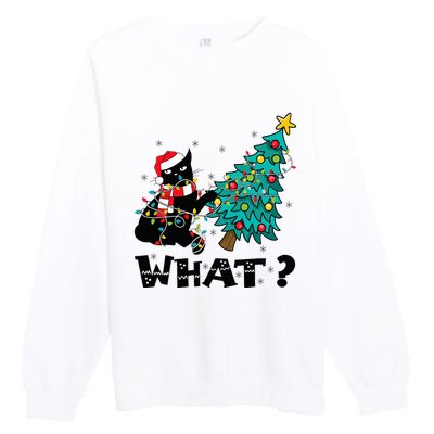 WHAT Funny Black Cat Santa Pushing Christmas Tree Cat Lover Premium Crewneck Sweatshirt