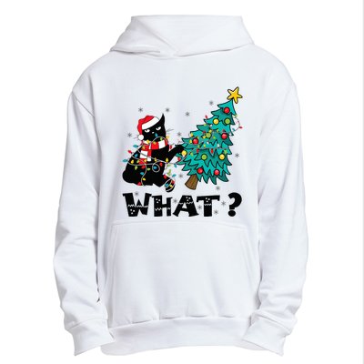 WHAT Funny Black Cat Santa Pushing Christmas Tree Cat Lover Urban Pullover Hoodie