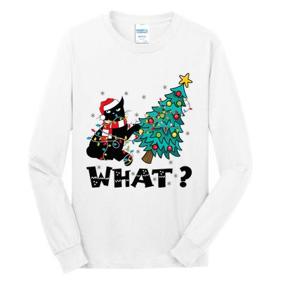 WHAT Funny Black Cat Santa Pushing Christmas Tree Cat Lover Tall Long Sleeve T-Shirt