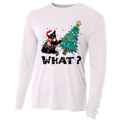 WHAT Funny Black Cat Santa Pushing Christmas Tree Cat Lover Cooling Performance Long Sleeve Crew