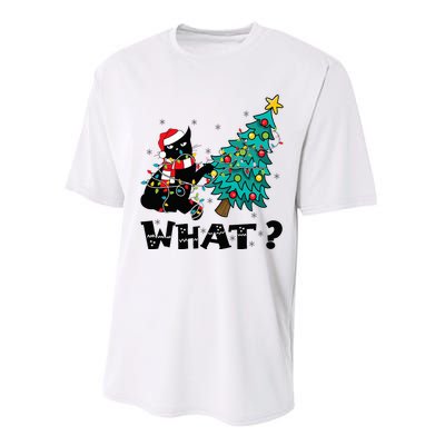 WHAT Funny Black Cat Santa Pushing Christmas Tree Cat Lover Performance Sprint T-Shirt