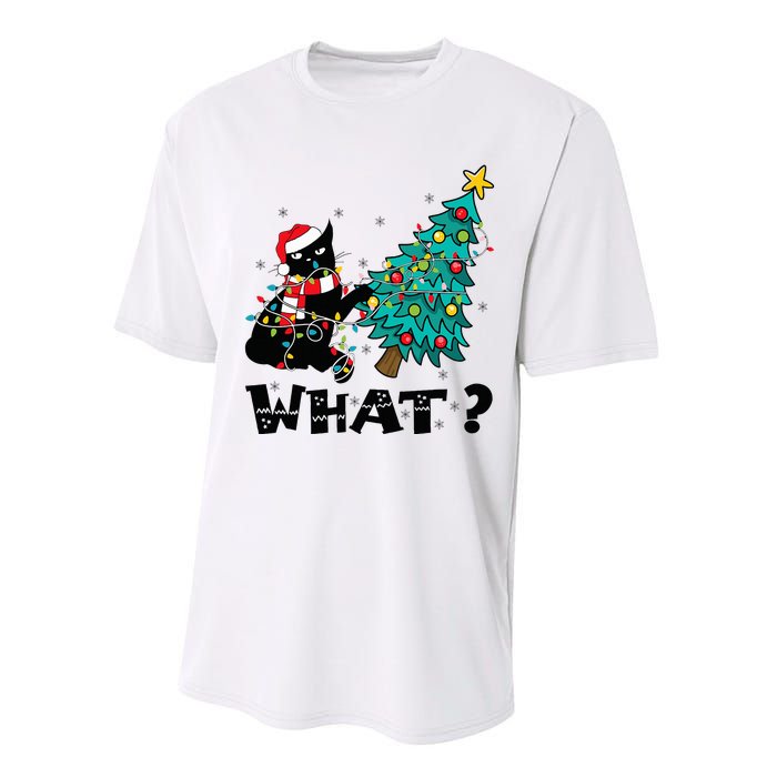 WHAT Funny Black Cat Santa Pushing Christmas Tree Cat Lover Performance Sprint T-Shirt