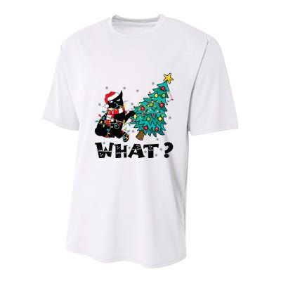 WHAT Funny Black Cat Santa Pushing Christmas Tree Cat Lover Youth Performance Sprint T-Shirt