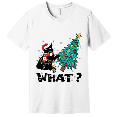 WHAT Funny Black Cat Santa Pushing Christmas Tree Cat Lover Premium T-Shirt