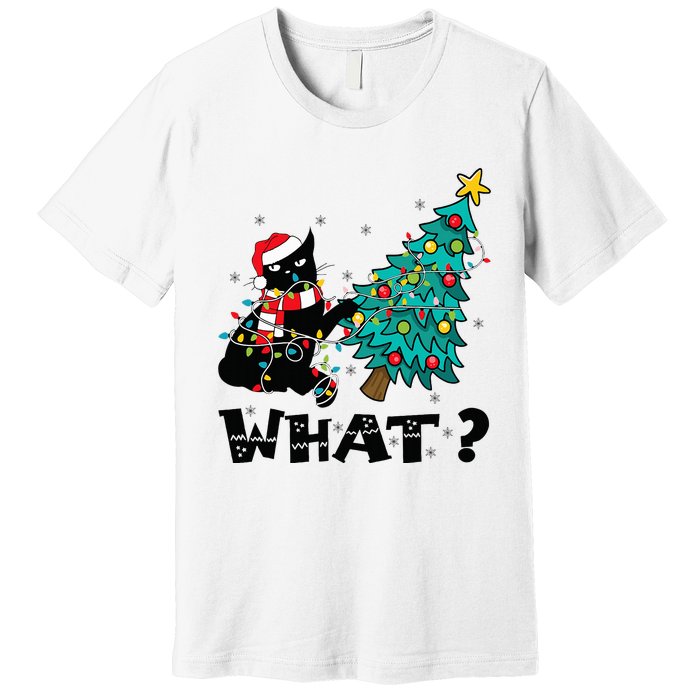 WHAT Funny Black Cat Santa Pushing Christmas Tree Cat Lover Premium T-Shirt