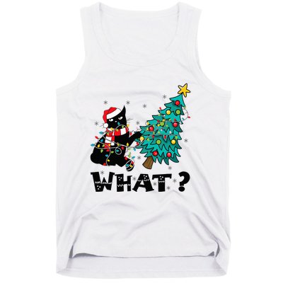 WHAT Funny Black Cat Santa Pushing Christmas Tree Cat Lover Tank Top