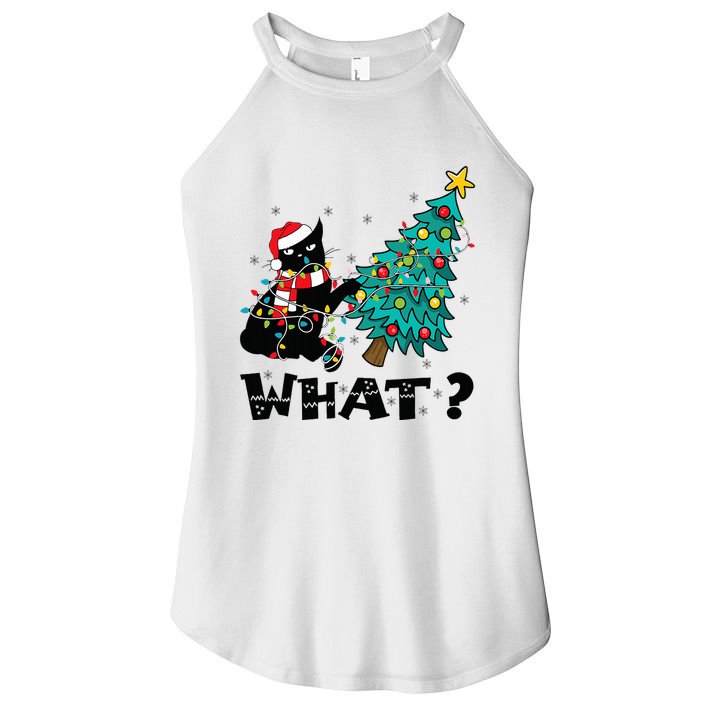 WHAT Funny Black Cat Santa Pushing Christmas Tree Cat Lover Women's Perfect Tri Rocker Tank