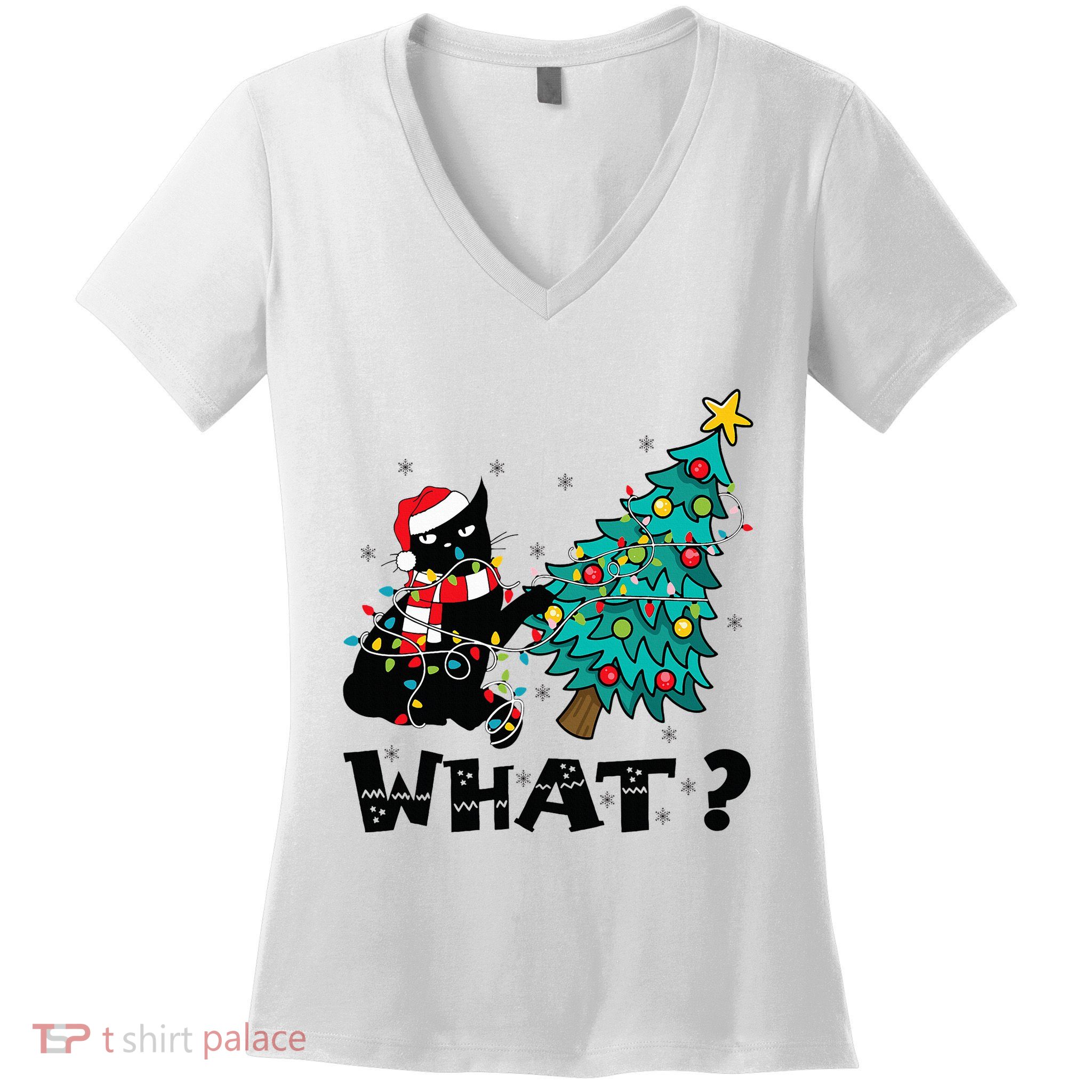WHAT Funny Black Cat Santa Pushing Christmas Tree Cat Lover Women's V-Neck T-Shirt