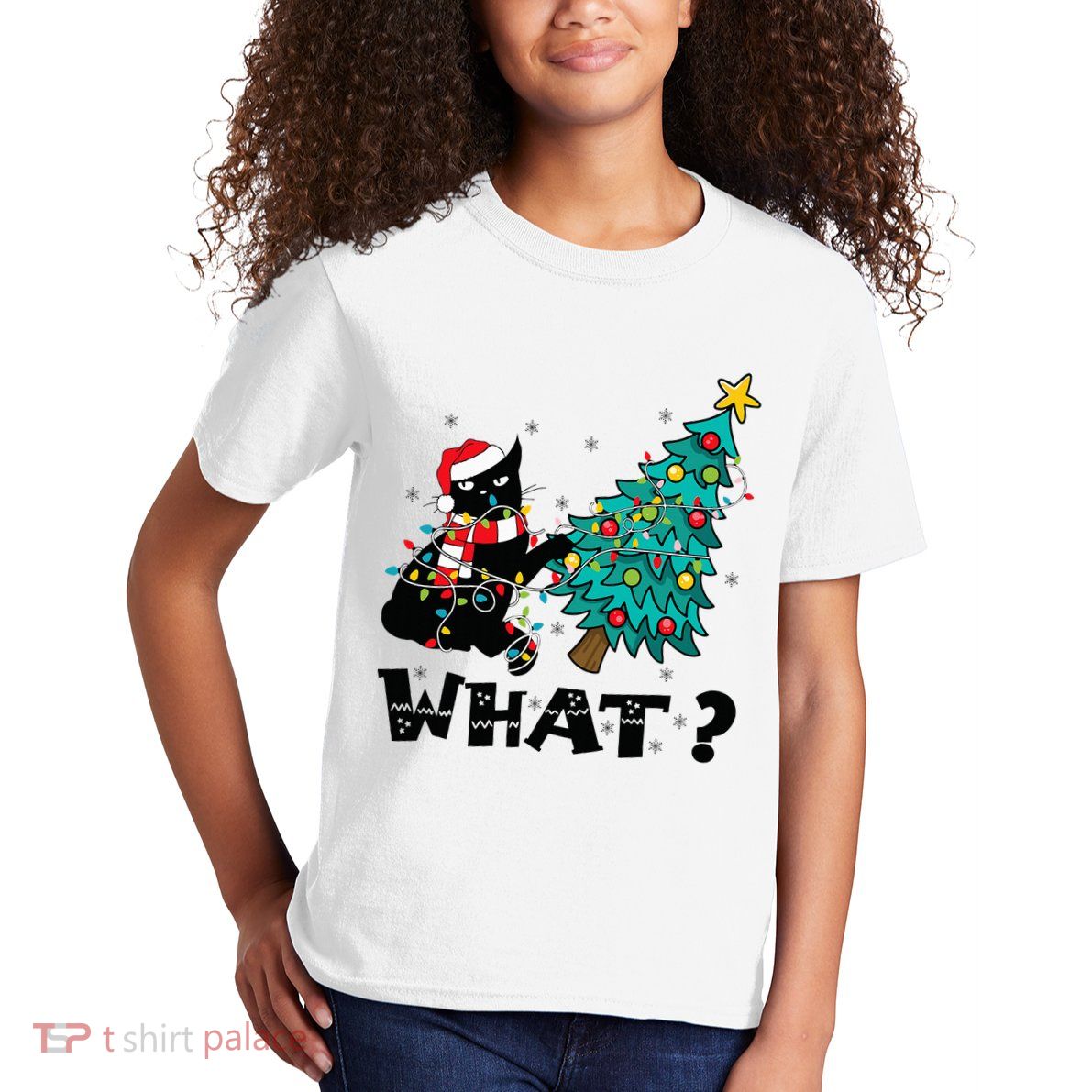 WHAT Funny Black Cat Santa Pushing Christmas Tree Cat Lover Kids T-Shirt