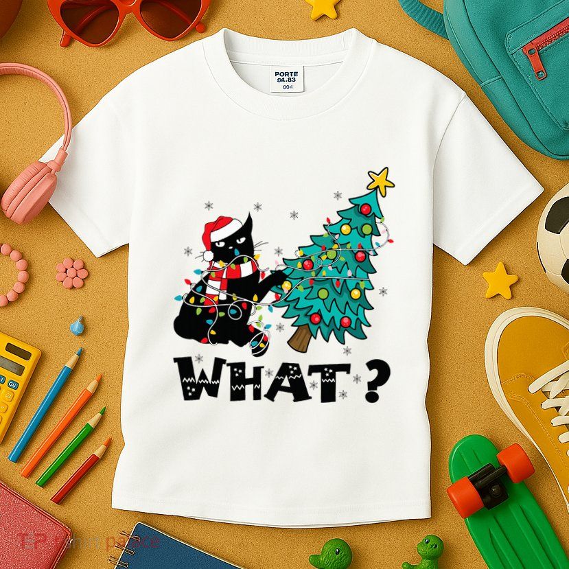 WHAT Funny Black Cat Santa Pushing Christmas Tree Cat Lover Kids T-Shirt
