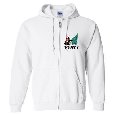 WHAT Funny Black Cat Santa Pushing Christmas Tree Cat Lover Full Zip Hoodie