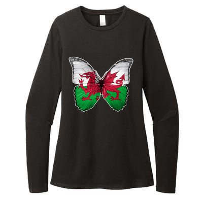 Wales Flag Butterfly Pride Wales Funny Gift Love Wales Souvenir Meaningful Gift Womens CVC Long Sleeve Shirt