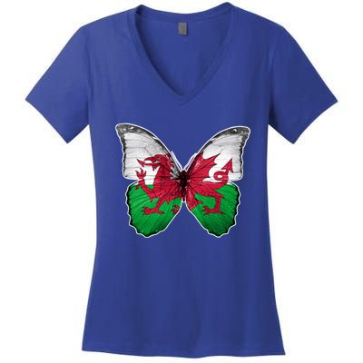 Wales Flag Butterfly Pride Wales Funny Gift Love Wales Souvenir Meaningful Gift Women's V-Neck T-Shirt