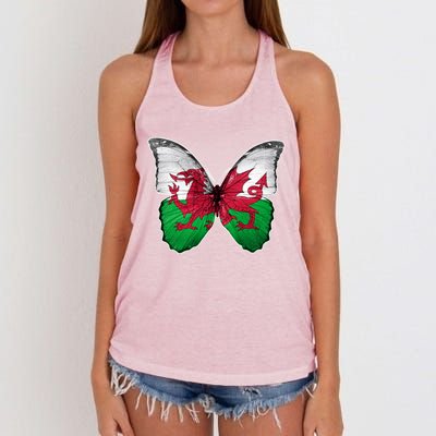 Wales Flag Butterfly Pride Wales Funny Gift Love Wales Souvenir Meaningful Gift Women's Knotted Racerback Tank