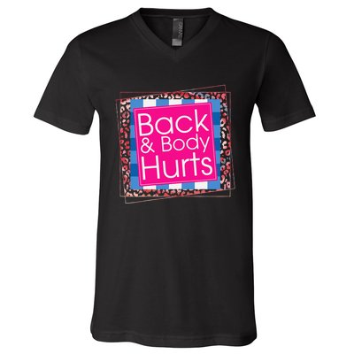 Womens Funny Back Body Hurts Quote Workout Gym Top V-Neck T-Shirt