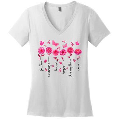 Women Floral Breast Cancer Awareness Warrior Gift Women's V-Neck T-Shirt