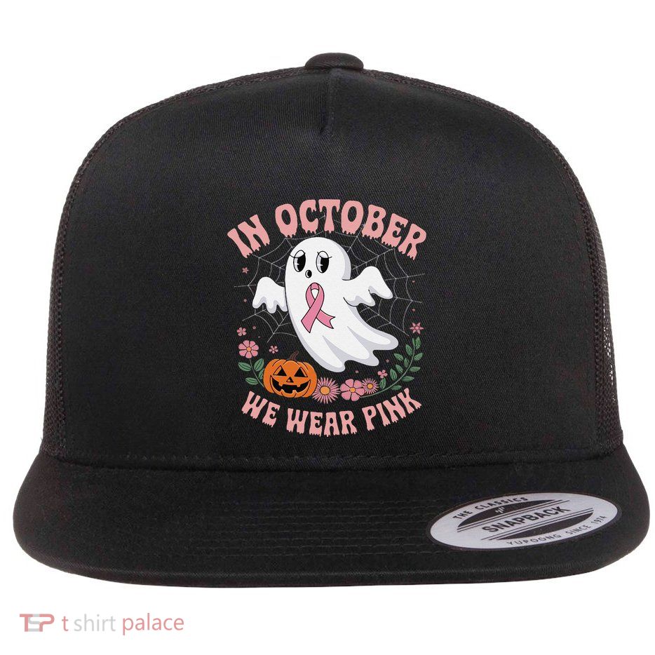 Women Floral Boo Spiderweb We Wear Pin.K Ghost Breast Cancer Flat Bill Trucker Hat