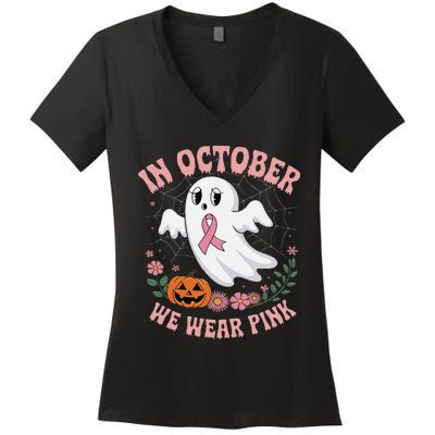 Women Floral Boo Spiderweb We Wear Pin.K Ghost Breast Cancer Women's V-Neck T-Shirt