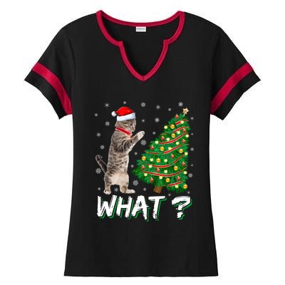 What Funny Cat Pushing Christmas Tree Over Cat Xmas Gift Ladies Halftime Notch Neck Tee