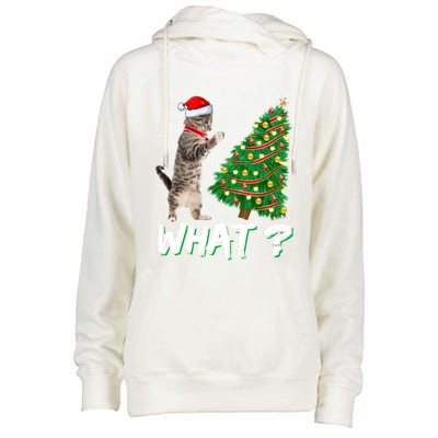 What Funny Cat Pushing Christmas Tree Over Cat Xmas Gift Womens Funnel Neck Pullover Hood