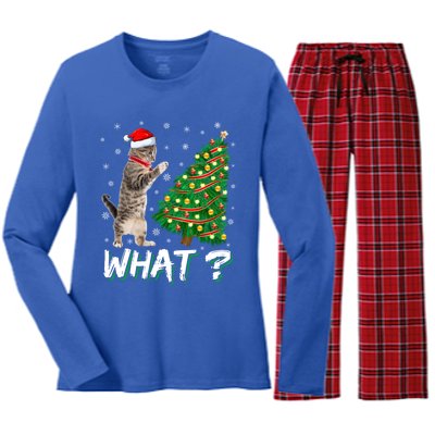 What Funny Cat Pushing Christmas Tree Over Cat Xmas Gift Women's Long Sleeve Flannel Pajama Set 