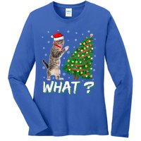 What Funny Cat Pushing Christmas Tree Over Cat Xmas Gift Ladies Long Sleeve Shirt