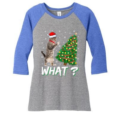 What Funny Cat Pushing Christmas Tree Over Cat Xmas Gift Women's Tri-Blend 3/4-Sleeve Raglan Shirt