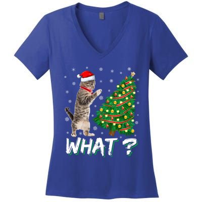 What Funny Cat Pushing Christmas Tree Over Cat Xmas Gift Women's V-Neck T-Shirt